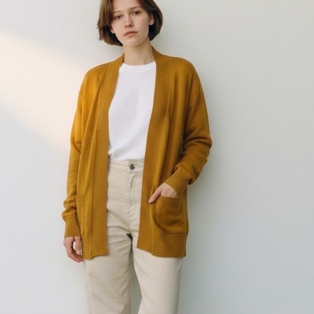NWT Cielo Cardigan Mustard Open Front Shawl Collar Collegiate Academia Preppy L